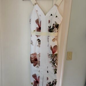 Ted Baker White Midi Dress with Pink Floral Print and Pale Yellow Waistband